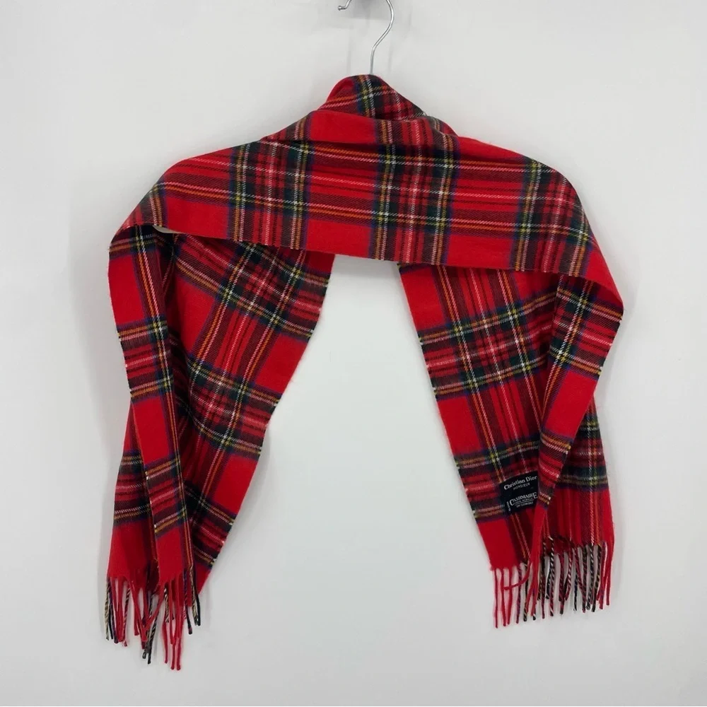 Christian Dior Vintage Cashmaire Red & Multi Colored Plaid Scarf Tartan Monsieur